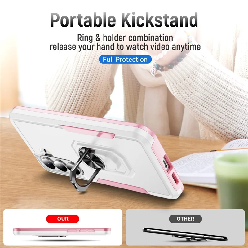 For Samsung Galaxy S26 Case Military Grade Ring Kickstand PC + TPU Phone Cover - White + Pink