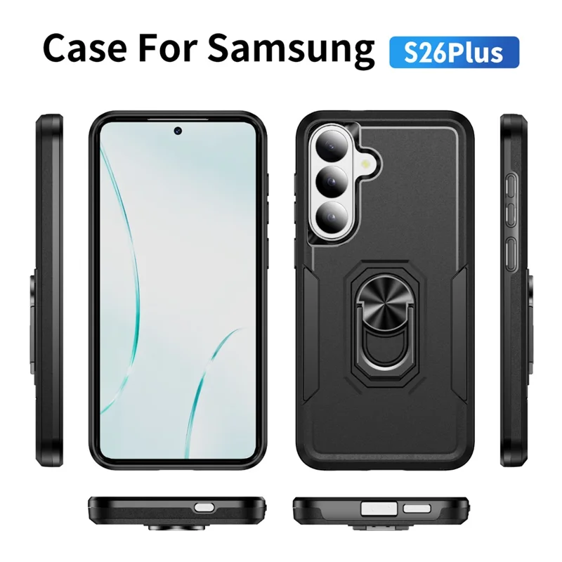 For Samsung Galaxy S26 Case Military Grade Ring Kickstand PC + TPU Phone Cover -  Black