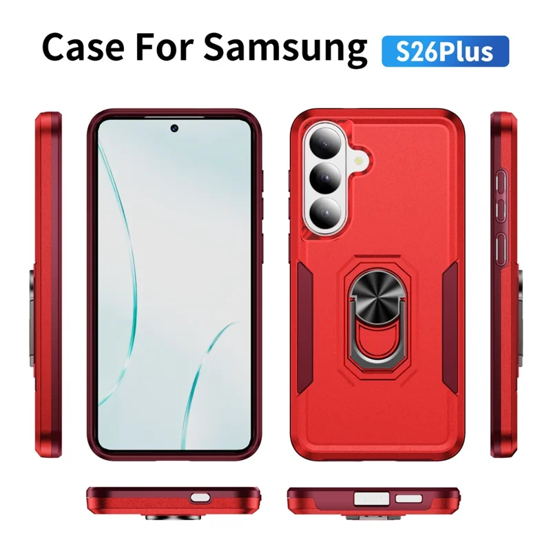 For Samsung Galaxy S26 Case Military Grade Ring Kickstand PC + TPU Phone Cover - Red + Rose