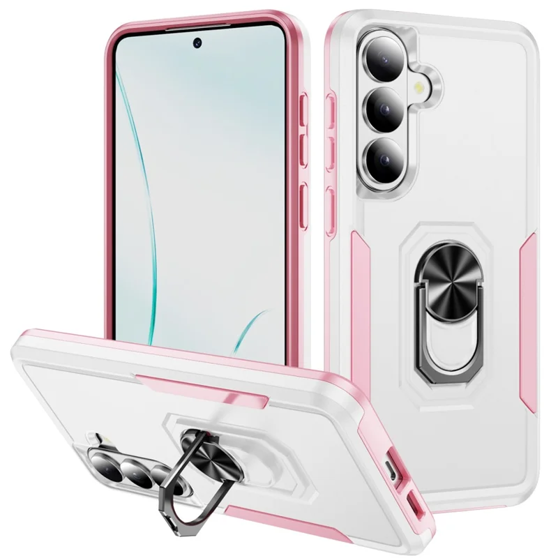 For Samsung Galaxy S26+ Case Military Grade Ring Kickstand PC + TPU Phone Cover -  White + Pink
