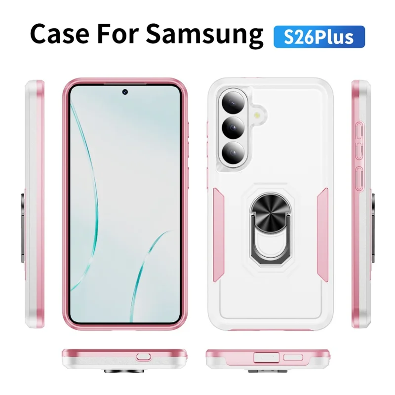 For Samsung Galaxy S26+ Case Military Grade Ring Kickstand PC + TPU Phone Cover -  White + Pink