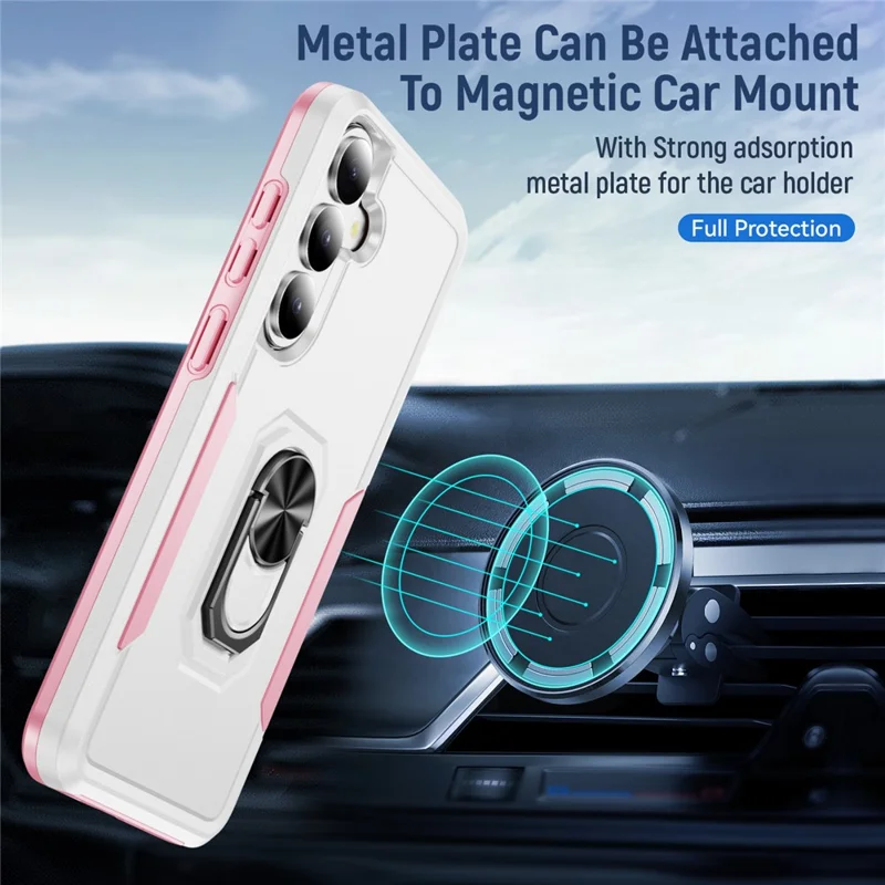 For Samsung Galaxy S26+ Case Military Grade Ring Kickstand PC + TPU Phone Cover -  White + Pink
