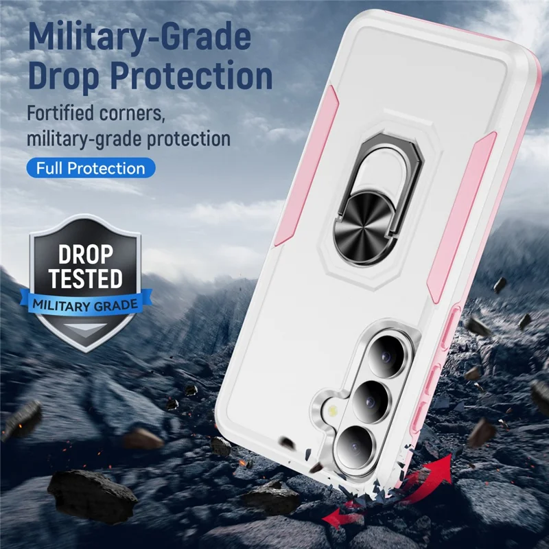 For Samsung Galaxy S26+ Case Military Grade Ring Kickstand PC + TPU Phone Cover -  White + Pink