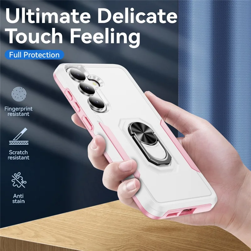 For Samsung Galaxy S26+ Case Military Grade Ring Kickstand PC + TPU Phone Cover -  White + Pink