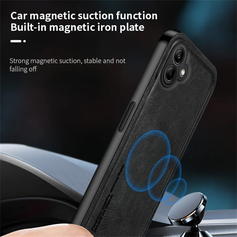 For Samsung Galaxy A07 4G Case Retro Texture Matte TPU + PU Leather Back Cover Support Magnetic Car Holder - Black