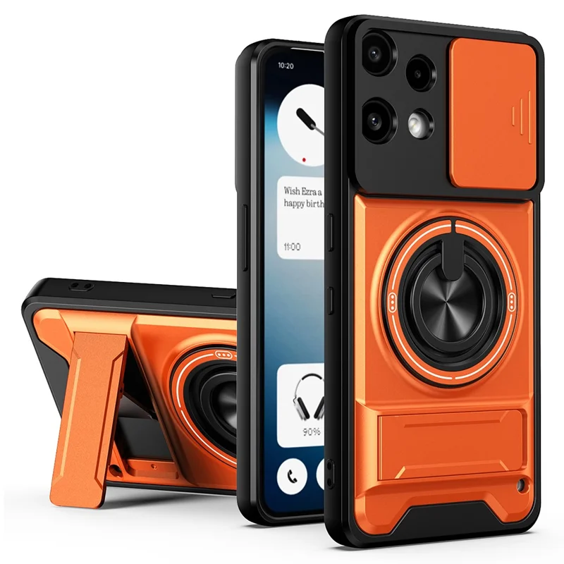 For Nothing Phone (3a) Lite 5G Magnetic Case Ring Holder Foldable Kickstand TPU PC Phone Cover with Camera Lens Slider - Orange