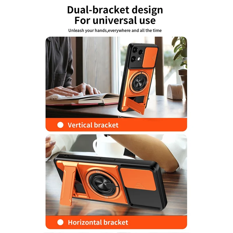 For Nothing Phone (3a) Lite 5G Magnetic Case Ring Holder Foldable Kickstand TPU PC Phone Cover with Camera Lens Slider - Orange