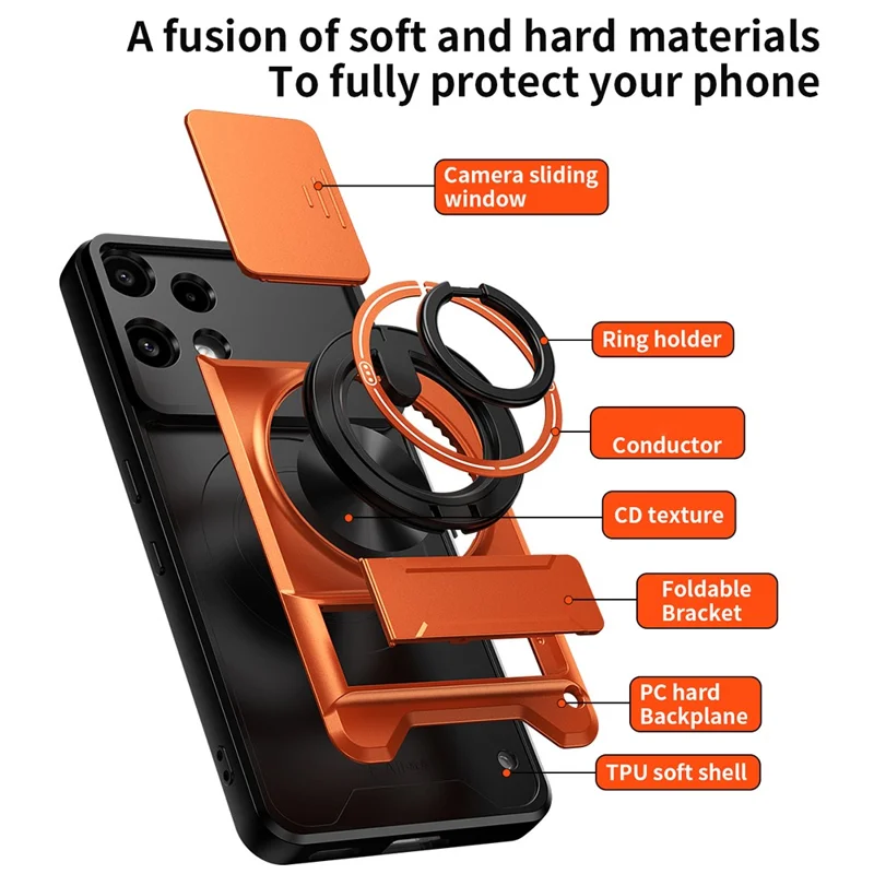 For Nothing Phone (3a) Lite 5G Magnetic Case Ring Holder Foldable Kickstand TPU PC Phone Cover with Camera Lens Slider - Orange