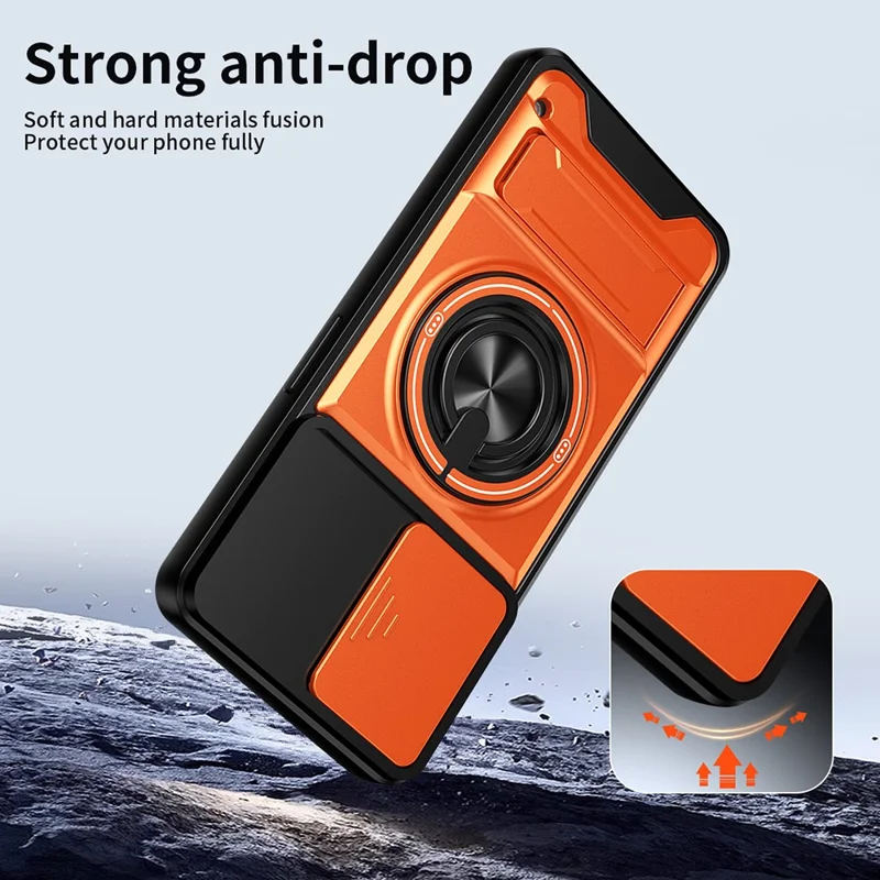 For Nothing Phone (3a) Lite 5G Magnetic Case Ring Holder Foldable Kickstand TPU PC Phone Cover with Camera Lens Slider - Orange
