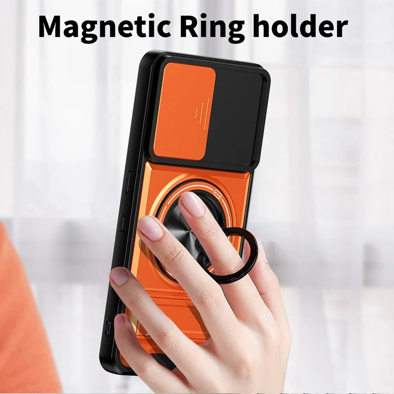 For Nothing Phone (3a) Lite 5G Magnetic Case Ring Holder Foldable Kickstand TPU PC Phone Cover with Camera Lens Slider - Orange
