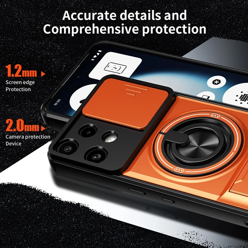 For Nothing Phone (3a) Lite 5G Magnetic Case Ring Holder Foldable Kickstand TPU PC Phone Cover with Camera Lens Slider - Orange