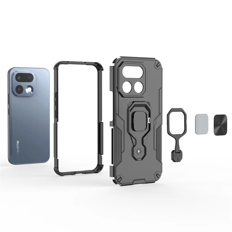 For Realme 16 Pro+ 5G Case Rotatable Ring Kickstand PC + TPU Shockproof Phone Cover - Black