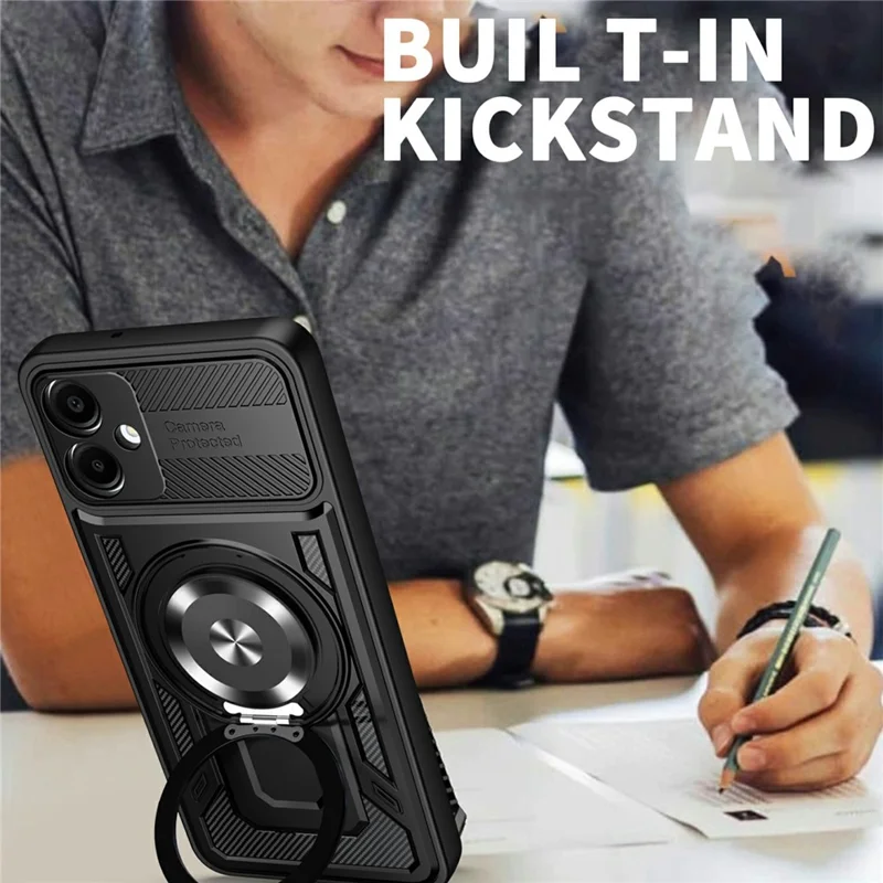 For Samsung Galaxy A07 4G Magnetic Case Rotating Kickstand TPU + PC Phone Cover - Black