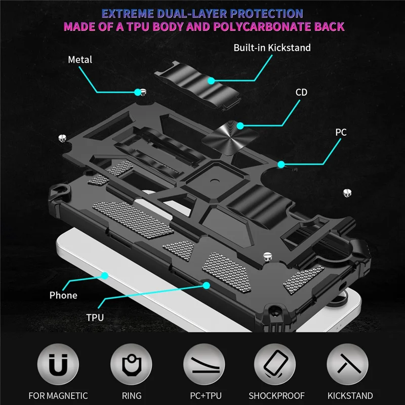 For Samsung Galaxy S26 Phone Case Kickstand Drop Protection PC + TPU Back Cover - Black