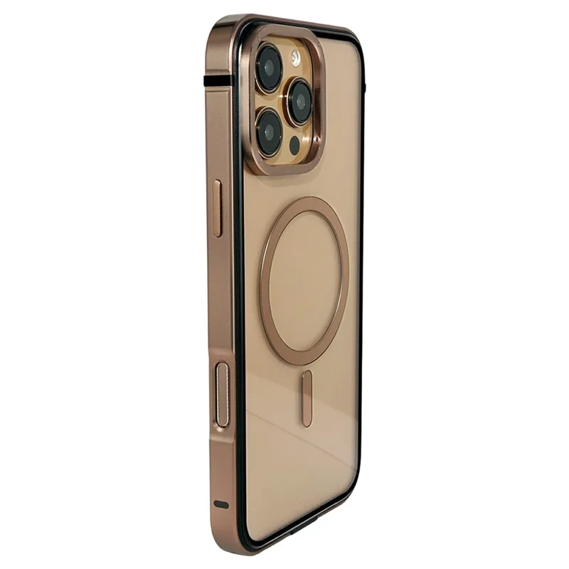 Coque magnétique pour iPhone 16 Pro, coque arrière transparente en PC et alliage d'aluminium compatible MagSafe - Or désert
