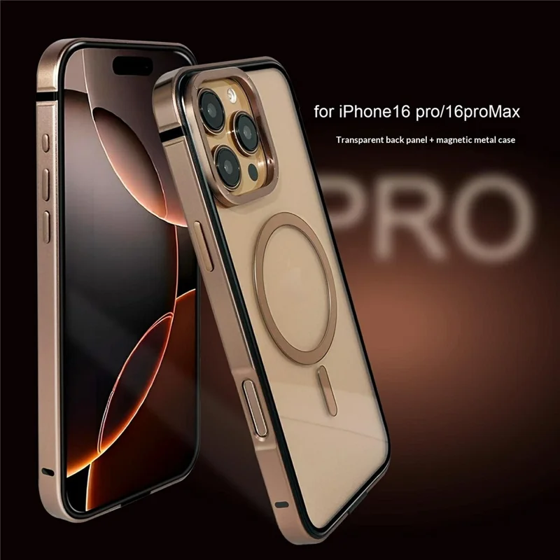 Coque magnétique pour iPhone 16 Pro, coque arrière transparente en PC et alliage d'aluminium compatible MagSafe - Or désert
