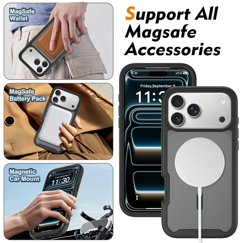 For iPhone 17 Pro Magnetic Phone Case Detachable 2 in 1 Translucent Matte PC TPU Back Cover Compatible with MagSafe - Black