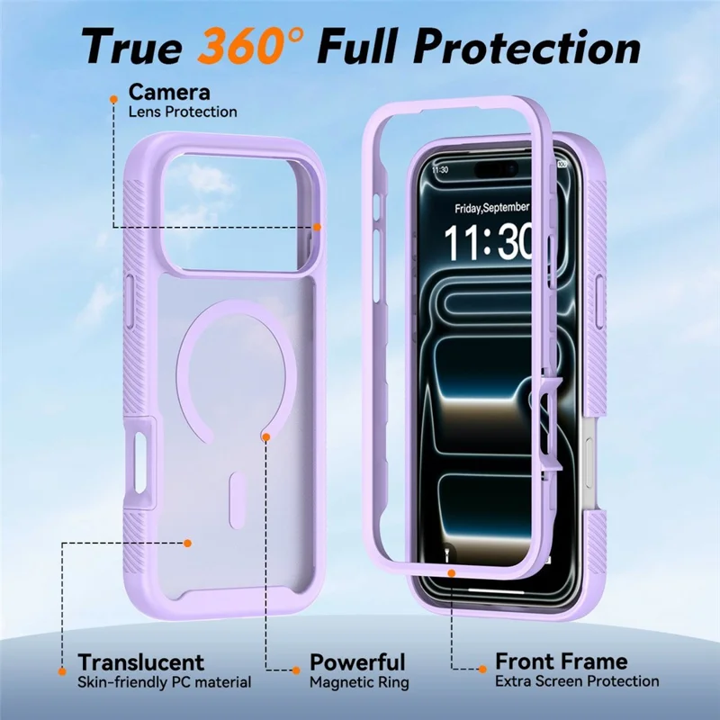 For iPhone 17 Pro Magnetic Phone Case Detachable 2 in 1 Translucent Matte PC TPU Back Cover Compatible with MagSafe - Purple