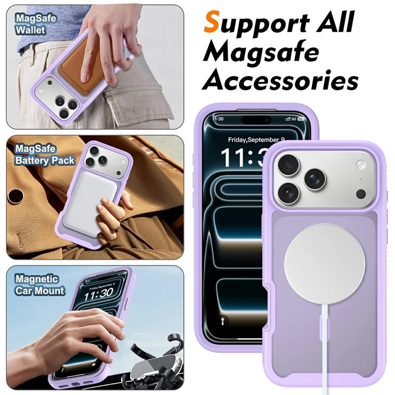 For iPhone 17 Pro Magnetic Phone Case Detachable 2 in 1 Translucent Matte PC TPU Back Cover Compatible with MagSafe - Purple