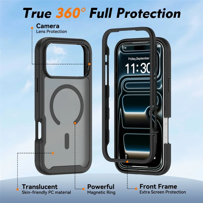 For iPhone 17 Pro Max Magnetic Phone Case Detachable 2 in 1 Translucent Matte PC TPU Back Cover Compatible with MagSafe - Black