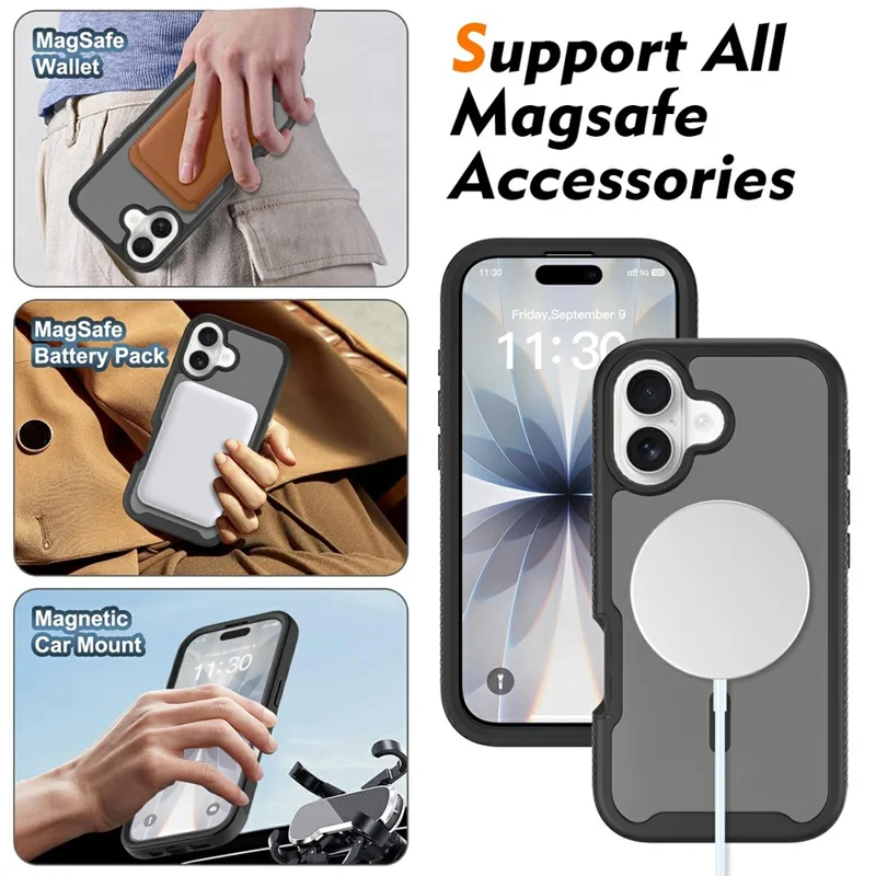 For iPhone 17 Magnetic Phone Case Detachable 2 in 1 Translucent Matte PC TPU Back Cover Compatible with MagSafe - Black