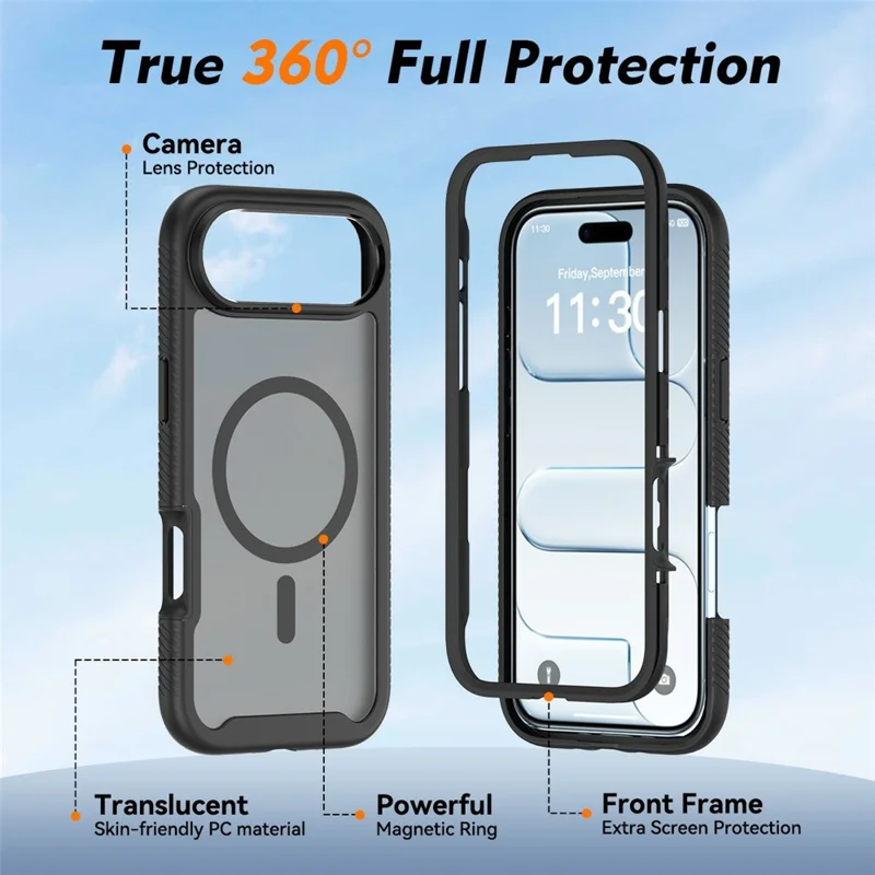 For iPhone Air Magnetic Phone Case Detachable 2 in 1 Translucent Matte PC TPU Back Cover Compatible with MagSafe - Black