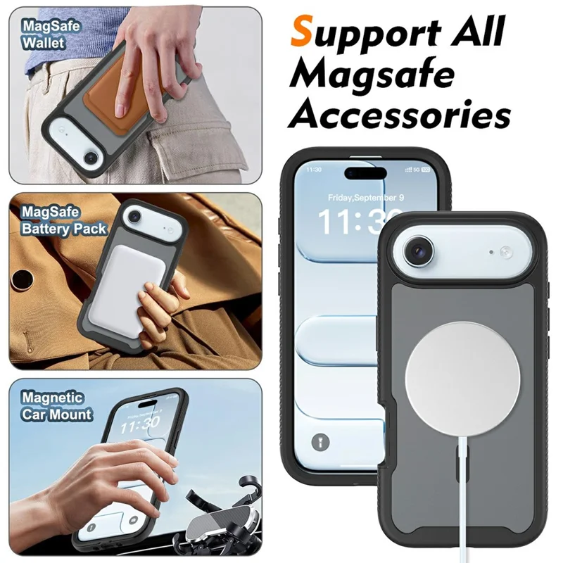 For iPhone Air Magnetic Phone Case Detachable 2 in 1 Translucent Matte PC TPU Back Cover Compatible with MagSafe - Black