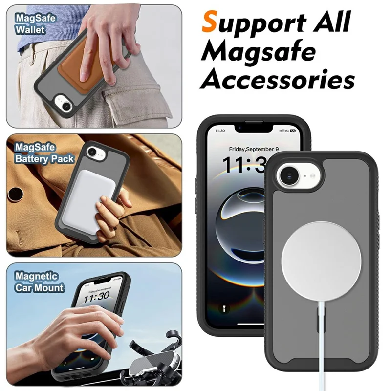 For iPhone 16e Magnetic Phone Case Detachable 2 in 1 Translucent Matte PC TPU Back Cover Compatible with MagSafe - Black