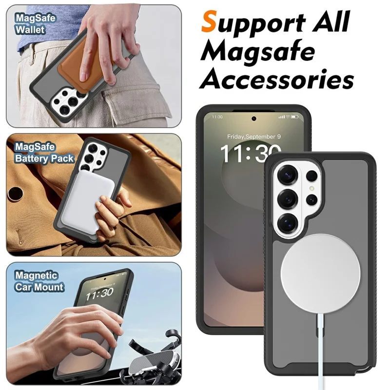 For Samsung Galaxy S26 Ultra Magnetic Phone Case Detachable 2 in 1 Translucent Matte PC TPU Back Cover - Black