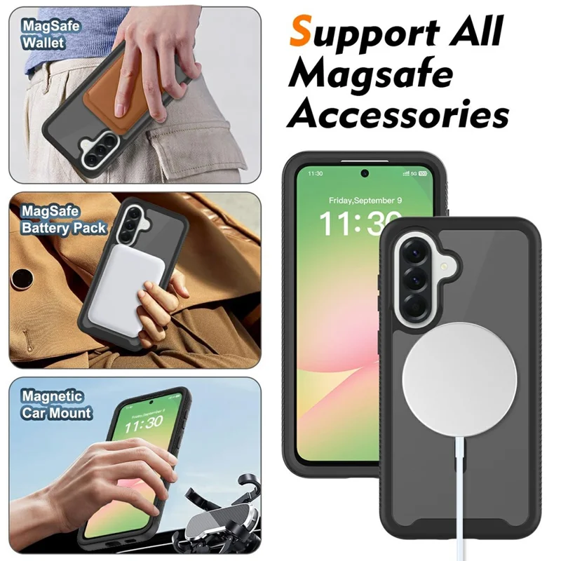 For Samsung Galaxy A57 5G Magnetic Phone Case Detachable 2 in 1 Translucent Matte PC TPU Back Cover - Black
