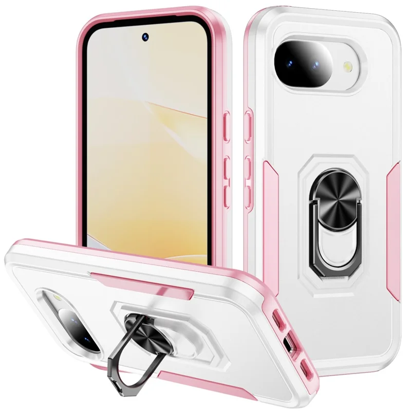 For Google Pixel 10a Case Military Grade Ring Kickstand PC + TPU Phone Cover - White + Pink
