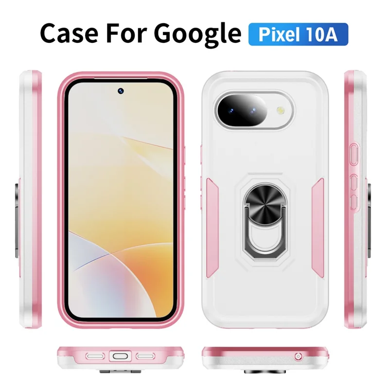 For Google Pixel 10a Case Military Grade Ring Kickstand PC + TPU Phone Cover - White + Pink