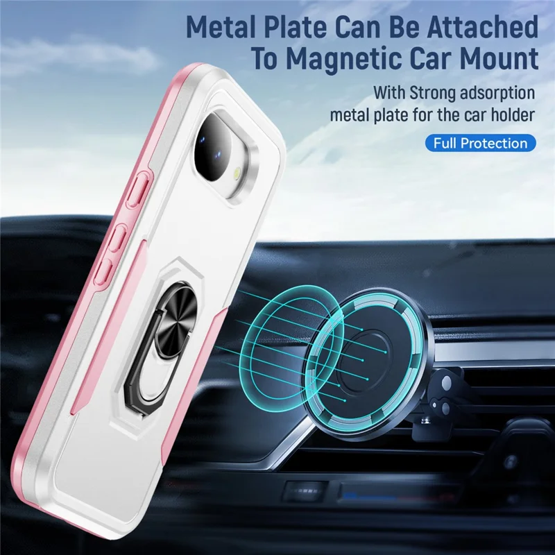 For Google Pixel 10a Case Military Grade Ring Kickstand PC + TPU Phone Cover - White + Pink