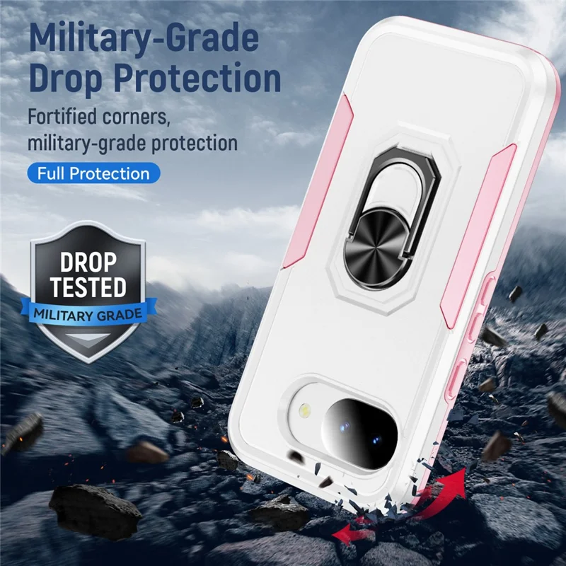 For Google Pixel 10a Case Military Grade Ring Kickstand PC + TPU Phone Cover - White + Pink