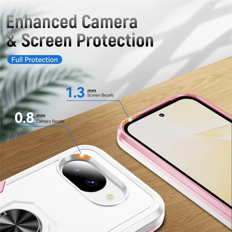 For Google Pixel 10a Case Military Grade Ring Kickstand PC + TPU Phone Cover - White + Pink