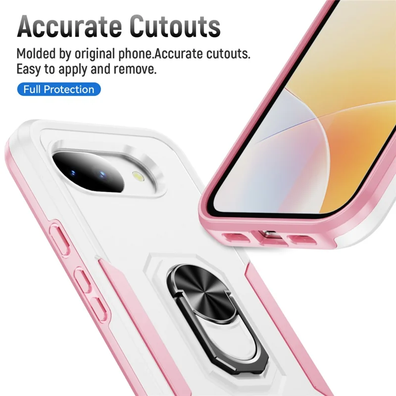 For Google Pixel 10a Case Military Grade Ring Kickstand PC + TPU Phone Cover - White + Pink