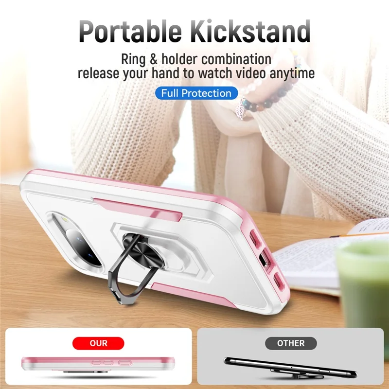 For Google Pixel 10a Case Military Grade Ring Kickstand PC + TPU Phone Cover - White + Pink