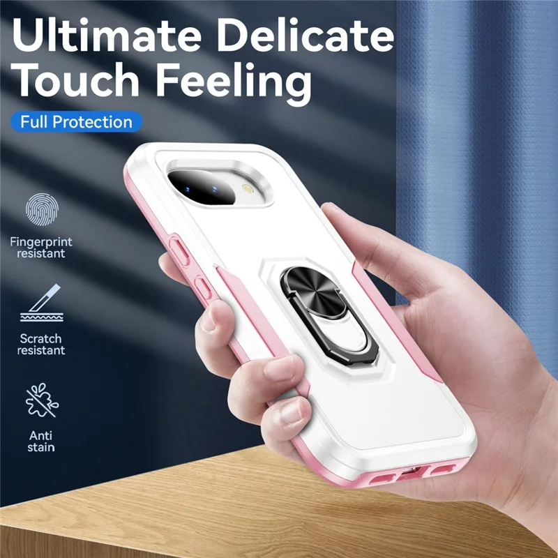 For Google Pixel 10a Case Military Grade Ring Kickstand PC + TPU Phone Cover - White + Pink