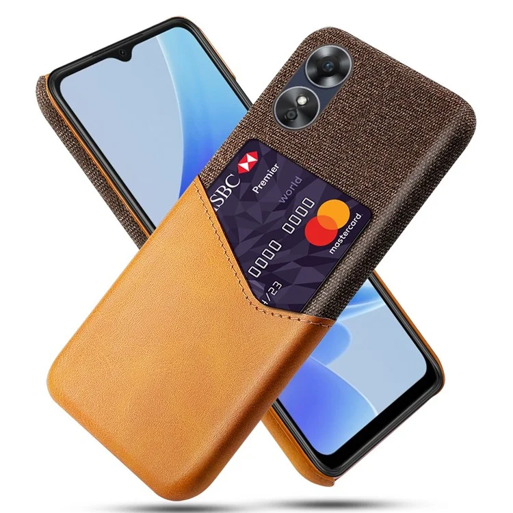 Écouteur de Téléphone Pour Oppo A17 4G, Conception du Support de Carte Conception de Texture en Tissu Anti-bas Case de Téléphone PU en Cuir en Revêtement PC - Orange