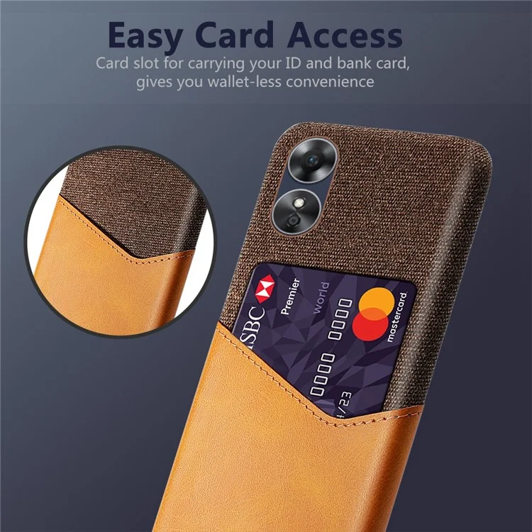 Écouteur de Téléphone Pour Oppo A17 4G, Conception du Support de Carte Conception de Texture en Tissu Anti-bas Case de Téléphone PU en Cuir en Revêtement PC - Orange