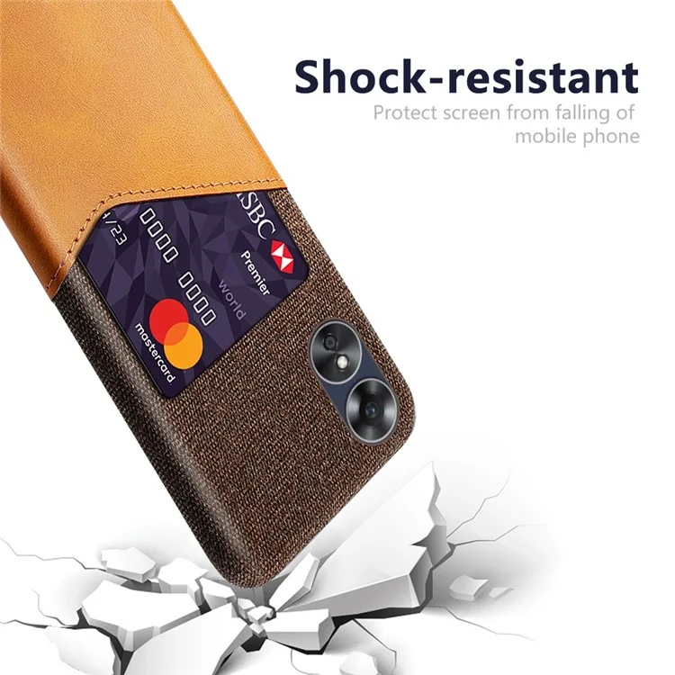 Écouteur de Téléphone Pour Oppo A17 4G, Conception du Support de Carte Conception de Texture en Tissu Anti-bas Case de Téléphone PU en Cuir en Revêtement PC - Orange