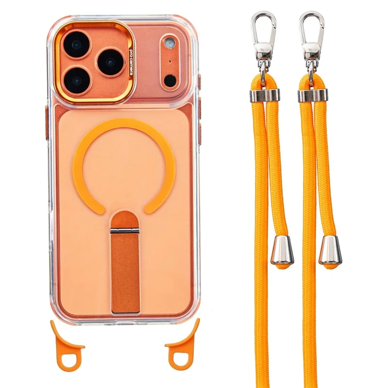 For iPhone 17 Pro Max Magnetic Phone Case Acrylic PC Back Cover with Adjustable Strap Kickstand Compatible with MagSafe - Transparent Orange