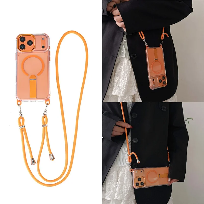 For iPhone 17 Pro Max Magnetic Phone Case Acrylic PC Back Cover with Adjustable Strap Kickstand Compatible with MagSafe - Transparent Orange