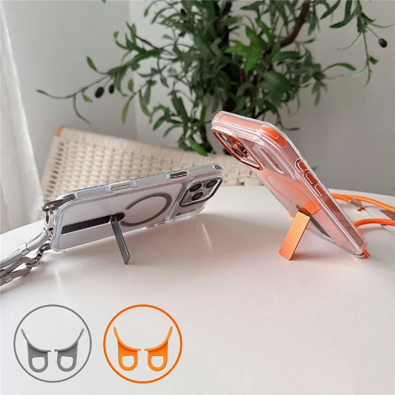 For iPhone 17 Pro Max Magnetic Phone Case Acrylic PC Back Cover with Adjustable Strap Kickstand Compatible with MagSafe - Transparent Orange