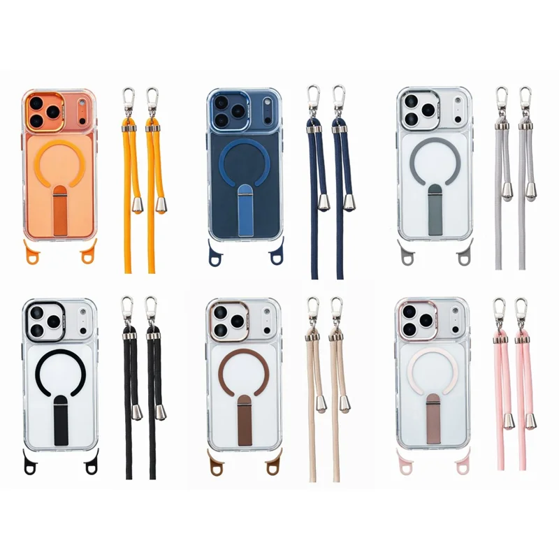 For iPhone 17 Pro Max Magnetic Phone Case Acrylic PC Back Cover with Adjustable Strap Kickstand Compatible with MagSafe - Transparent Orange