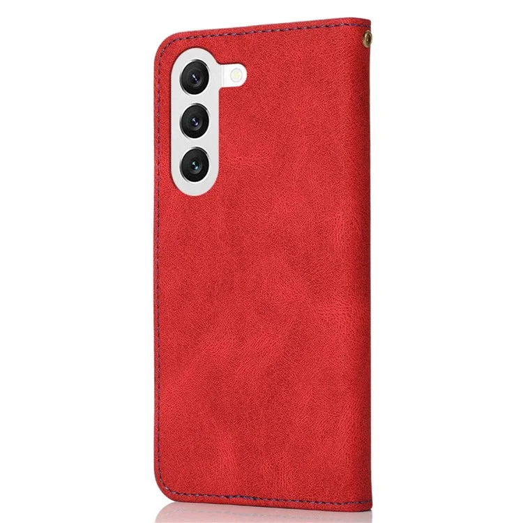 Para Samsung Galaxy S23 Color Supling PU Leather Phone Stand Case Magnetic Traket Tape de Billetera Con Correa Para la Muñeca - Rojo / Azul