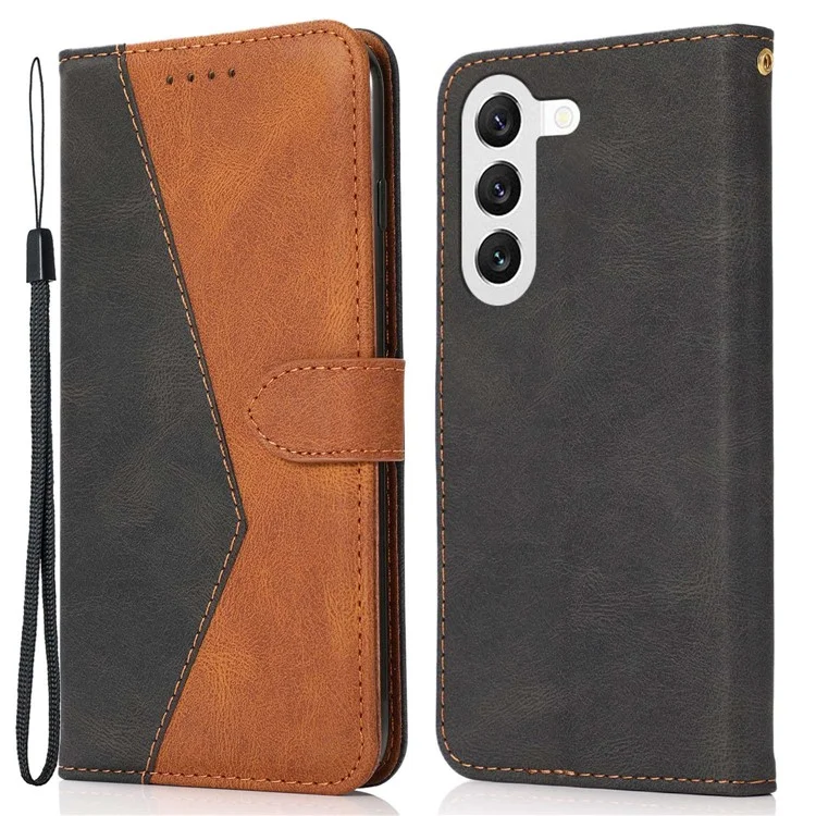 Pour Samsung Galaxy S23+ Anti-scratch Phone Stand Case Color Splicing PU Leather Folio Flip Wallet Cover with Wrist Strap - Noir / Marron
