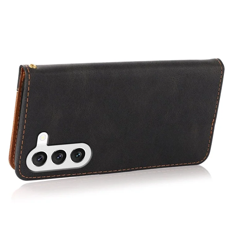 Pour Samsung Galaxy S23+ Anti-scratch Phone Stand Case Color Splicing PU Leather Folio Flip Wallet Cover with Wrist Strap - Noir / Marron