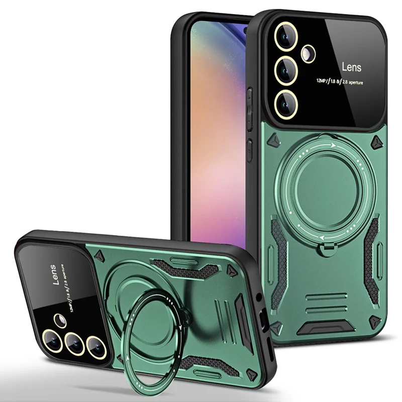 For Samsung Galaxy A57 5G Case Rotating Magnetic Kickstand PC + TPU Phone Cover - Green