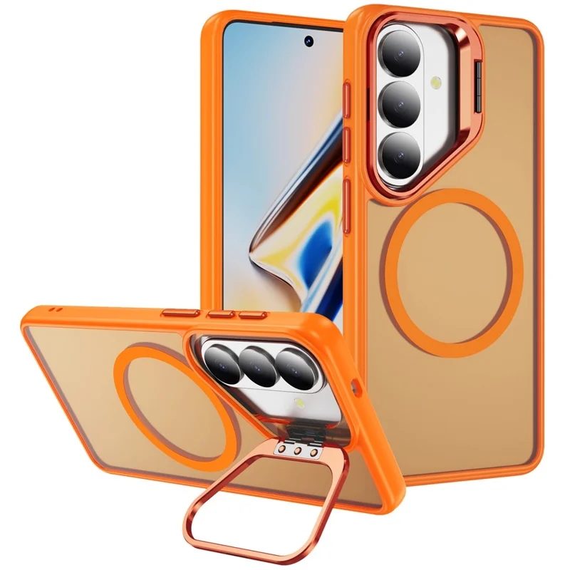 For Samsung Galaxy S26+ Magnetic Case with Lens Kickstand Skin-Touch PC + TPU Phone Cover - Orange